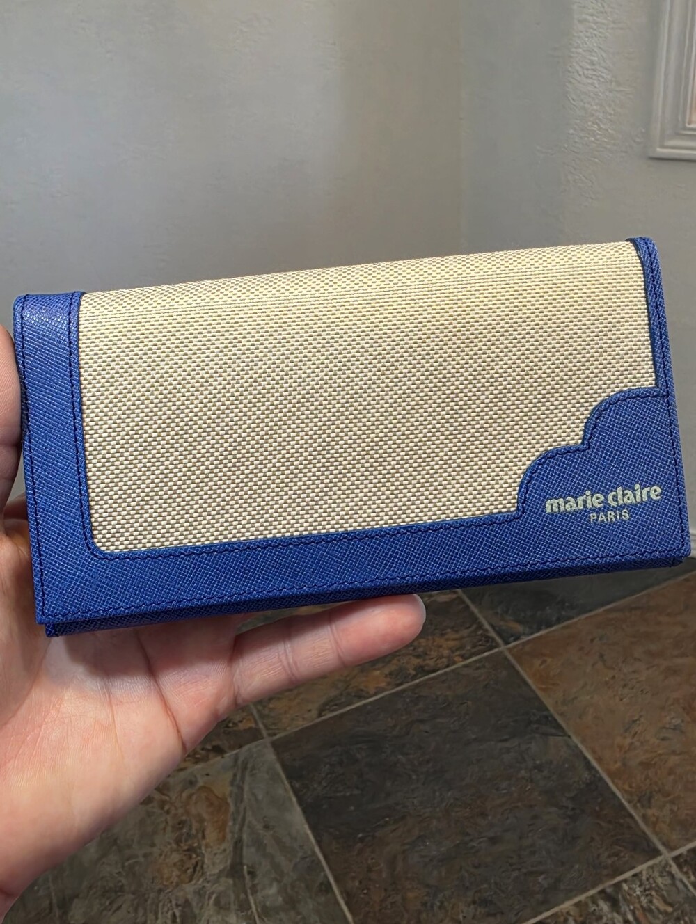 Marie Claire Paris Blue Saffiano & Beige Canvas Flap Continental Wallet - $190